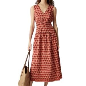 J Crew Hyacinth Midi Dress Block Print Crepe de Chine Sleeveless Smocked Large
